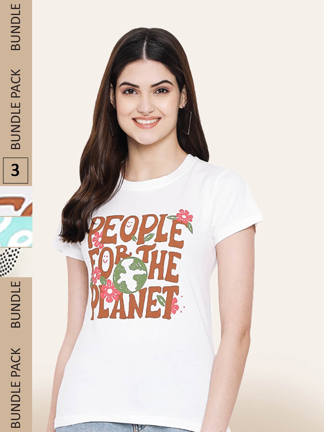 BAESD Pack Of 3 Typography Printed Casual Cotton T-shirts, Cream