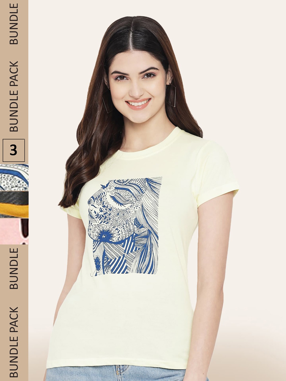 

BAESD Women Pack Of 3 Printed Cotton T-shirt, Cream