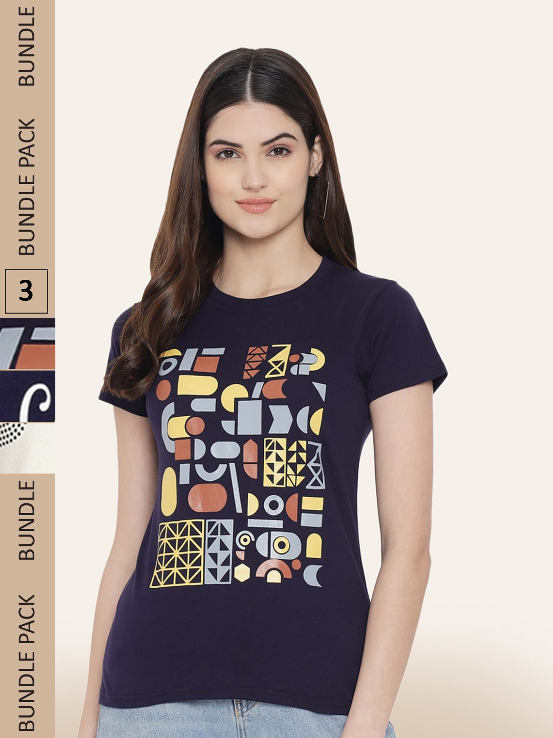 

BAESD Pack Of 3 Printed Round Neck Cotton T-Shirts, Navy blue