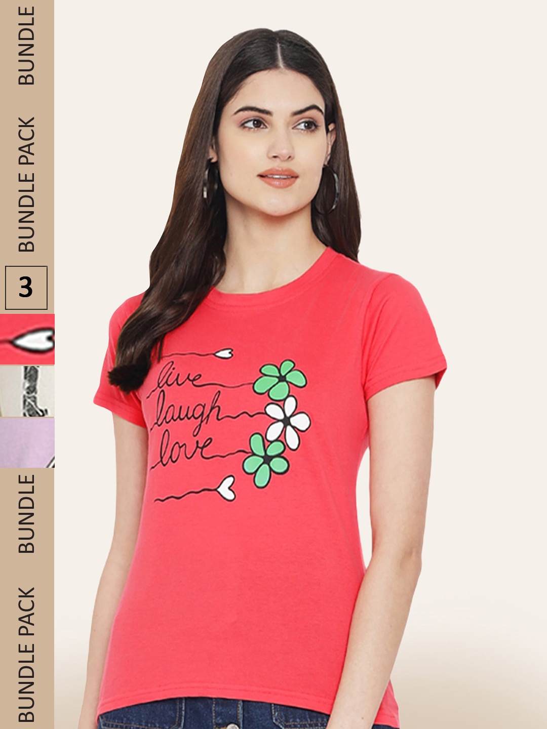 

BAESD Women Pack of 3 Printed Cotton T-shirts, Peach