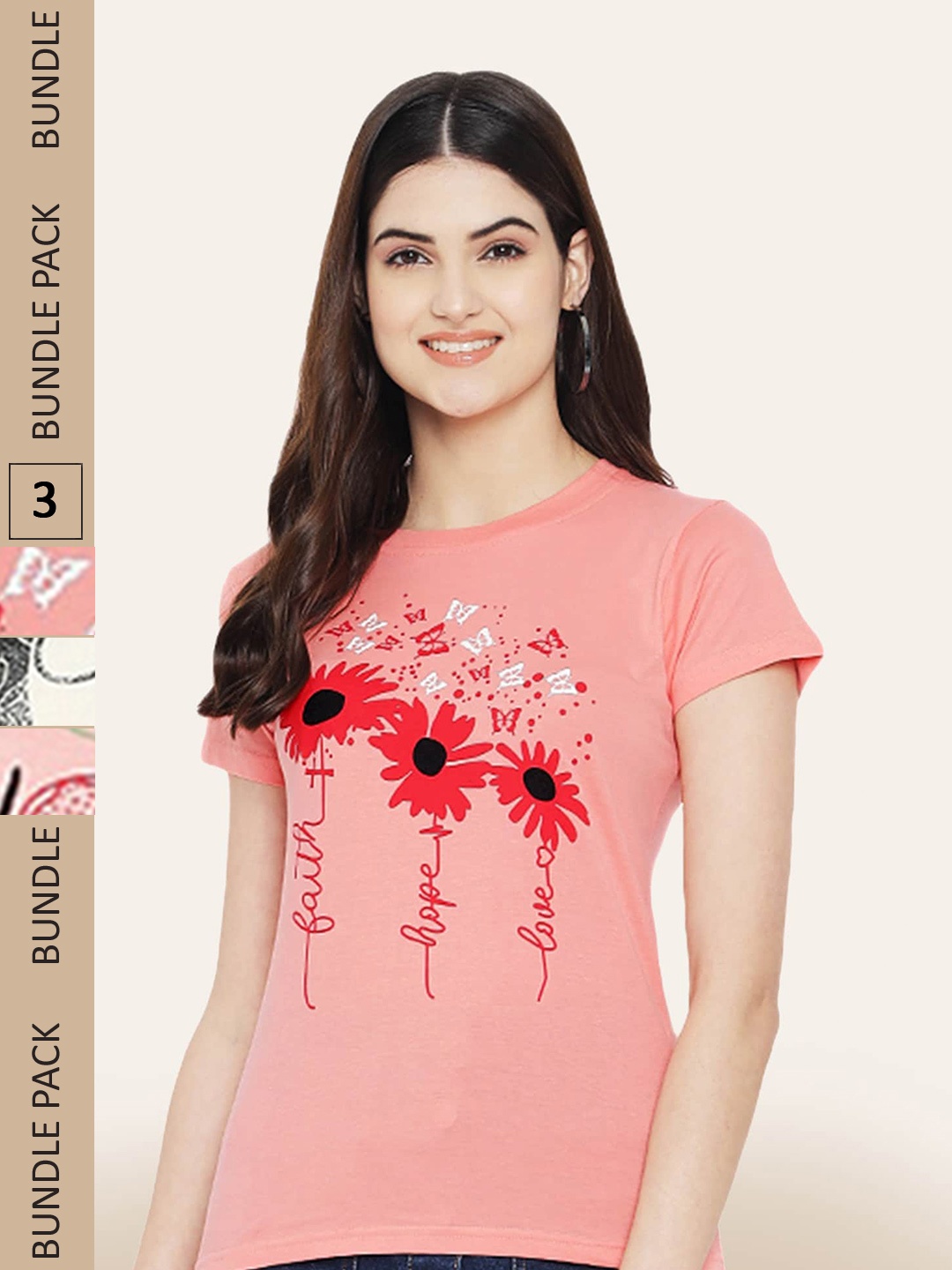 

BAESD Pack Of 3 Typography Printed Cotton T-Shirt, Peach