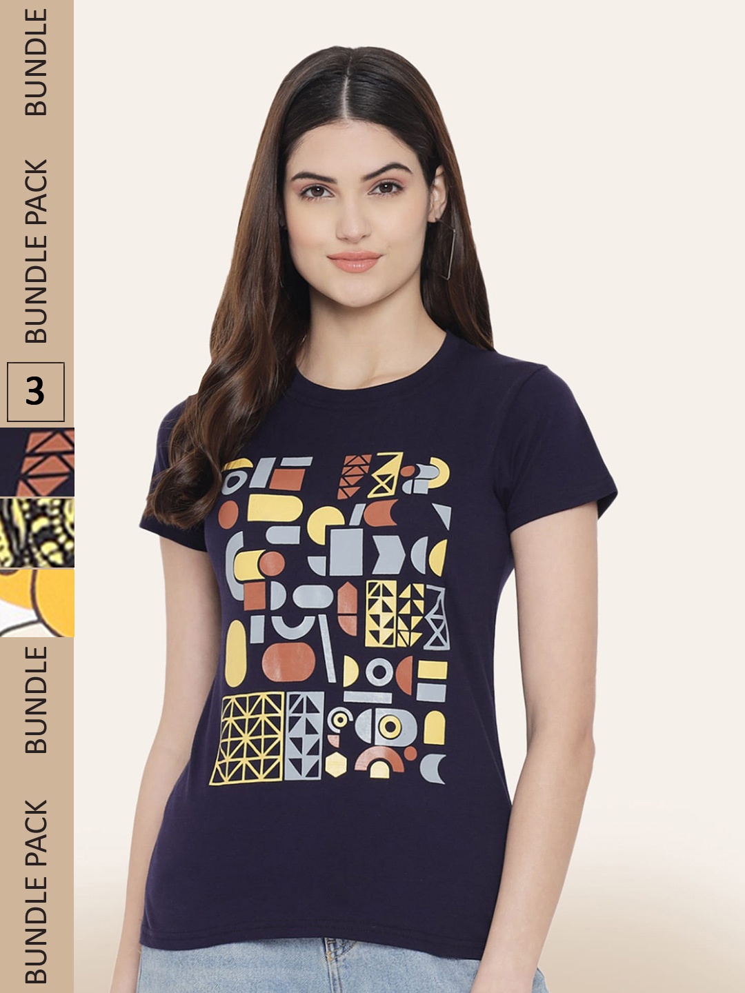 BAESD Pack Of 3 Printed Cotton T-shirt, Navy blue