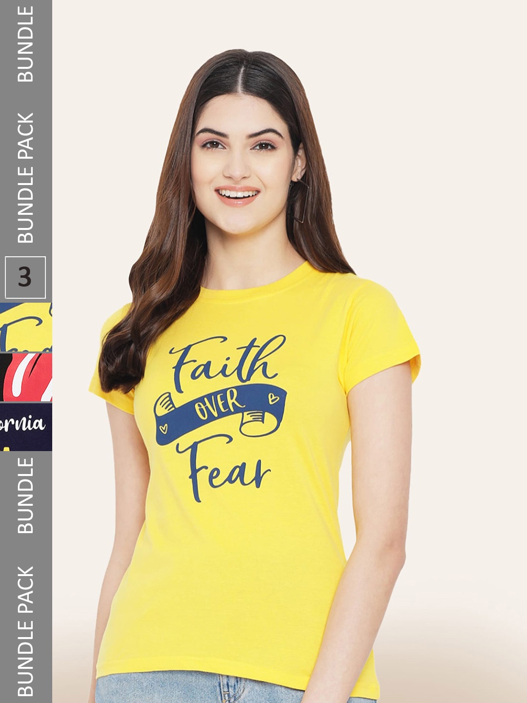 BAESD Women Pack Of 3 Printed Cotton T-shirt, Yellow