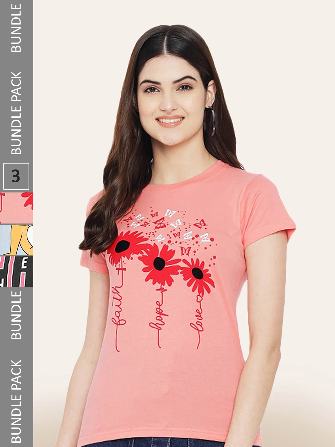 

BAESD Women Pack Of 3 Typography Printed Cotton T-shirt, Peach
