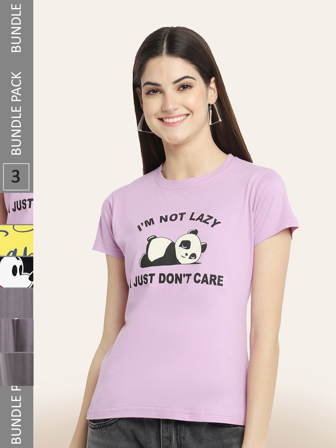 

BAESD Women Pack Of 3 Typography Printed Cotton T-shirt, Lavender