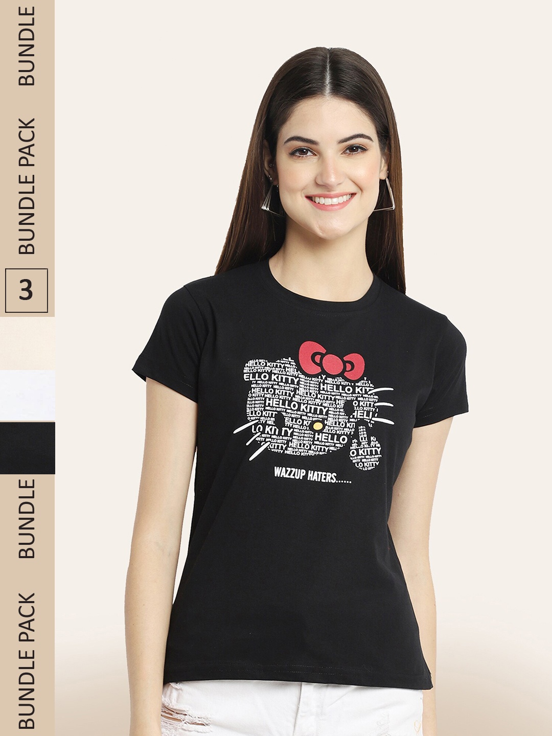 BAESD Women Pack of 3 Printed Cotton T-shirts, Black