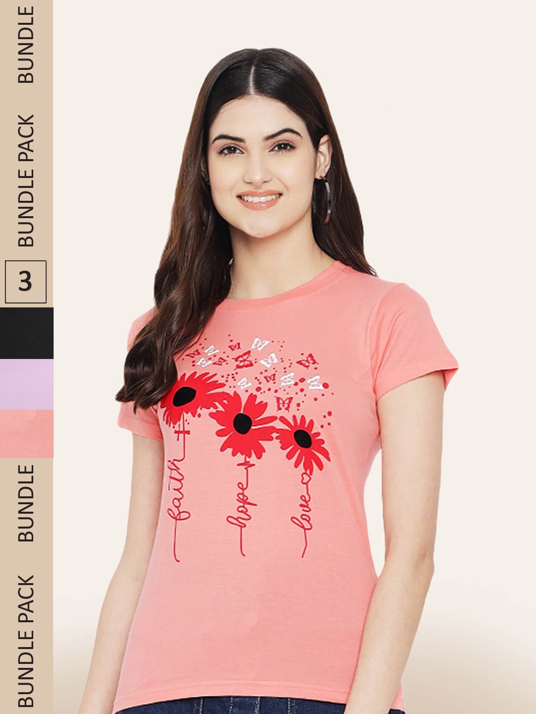

BAESD Pack of 3 Printed Cotton T-shirts, Peach