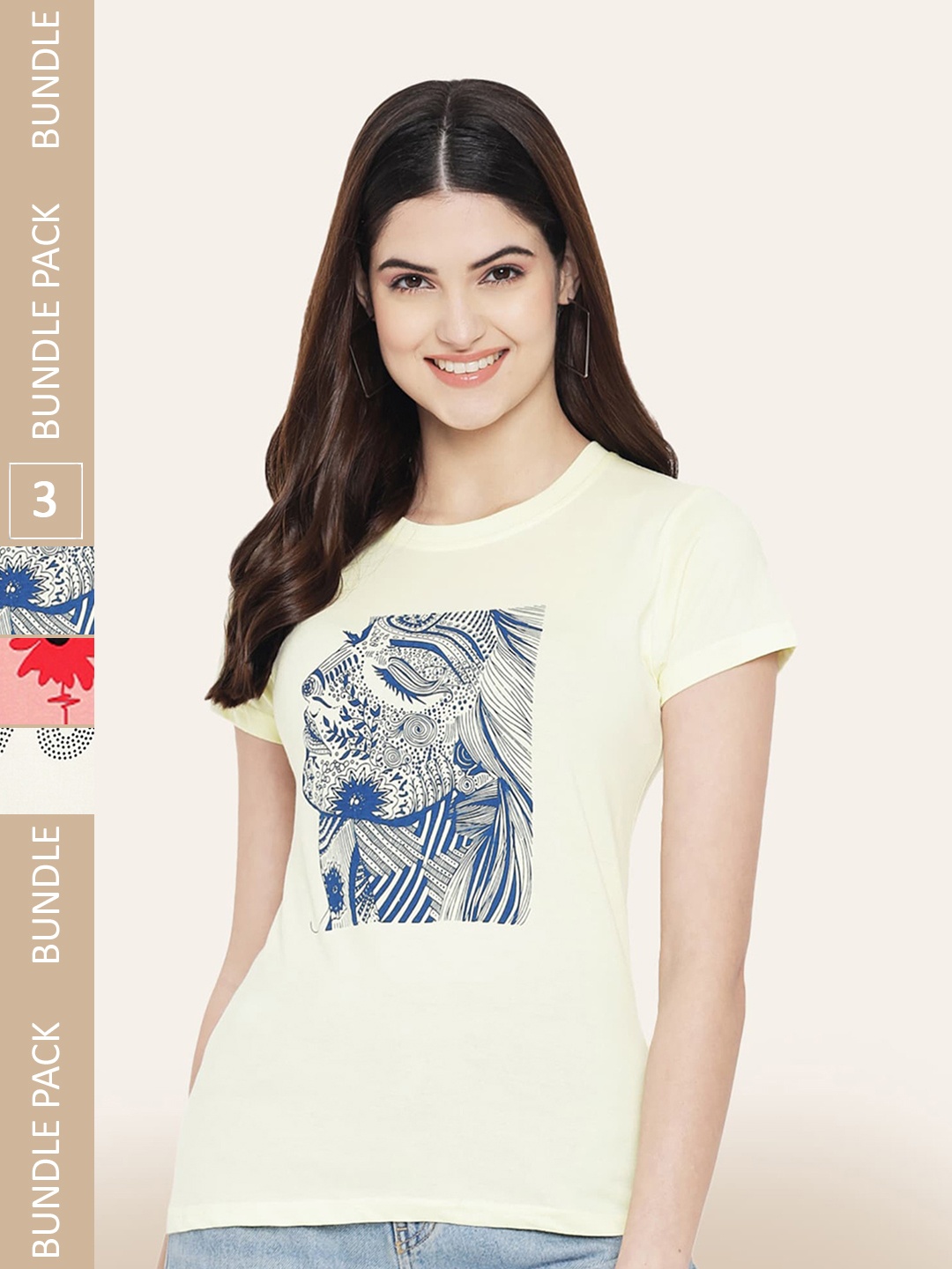 

BAESD Pack of 3 Printed Cotton T-Shirts, Cream