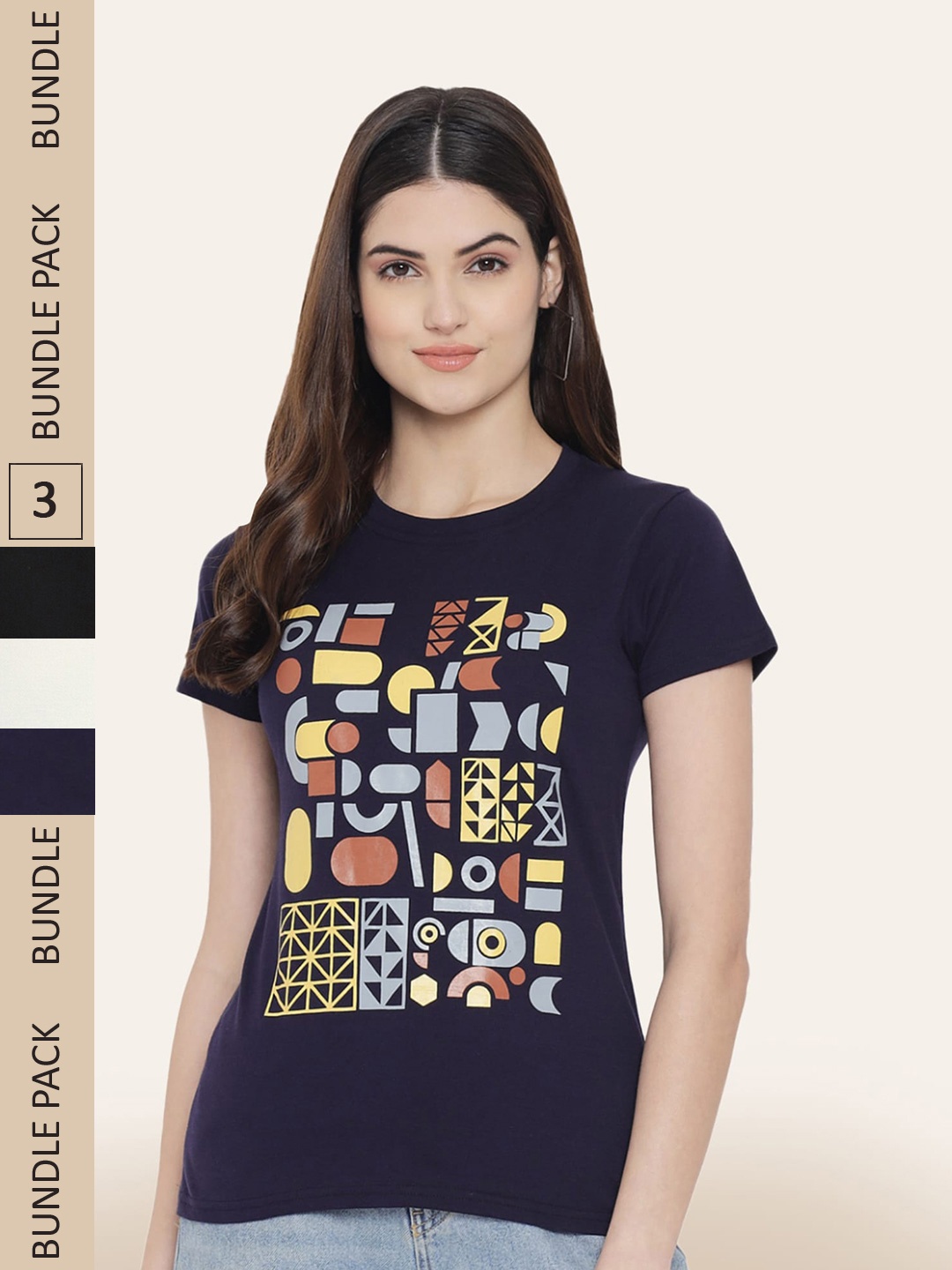 

BAESD Women Pack Of 3 Typography Printed Cotton T-shirt, Navy blue