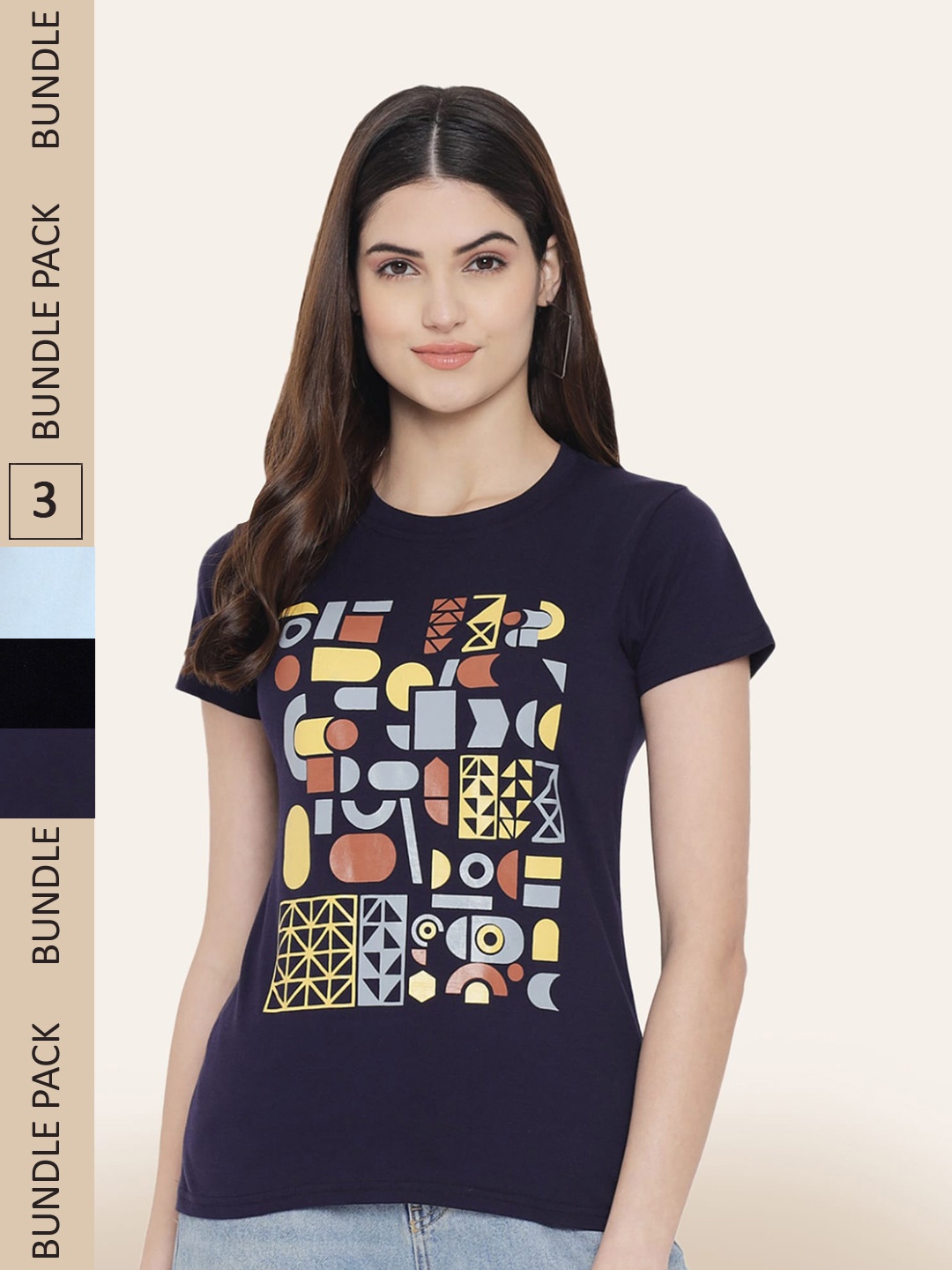 

BAESD Women Pack of 3 Printed Cotton T-shirts, Navy blue