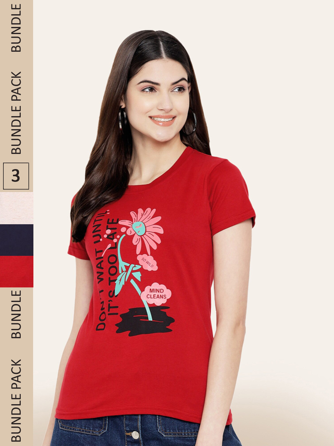

BAESD Pack Of 3 Graphic Printed Cotton T-shirt, Red