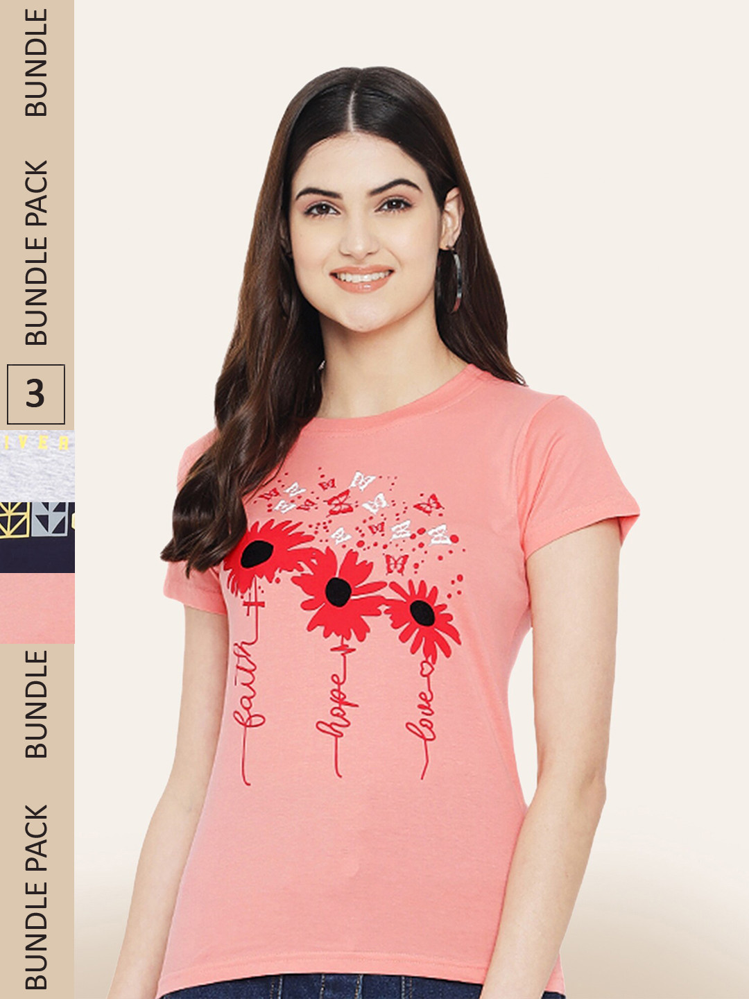 

BAESD Pack Of 3 Printed Round Neck Cotton T-shirts, Pink