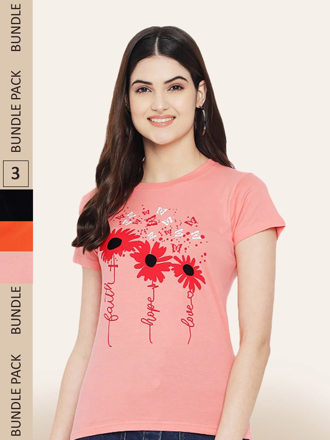 

BAESD Pack Of 3 Graphic Printed Cotton T-shirt, Peach