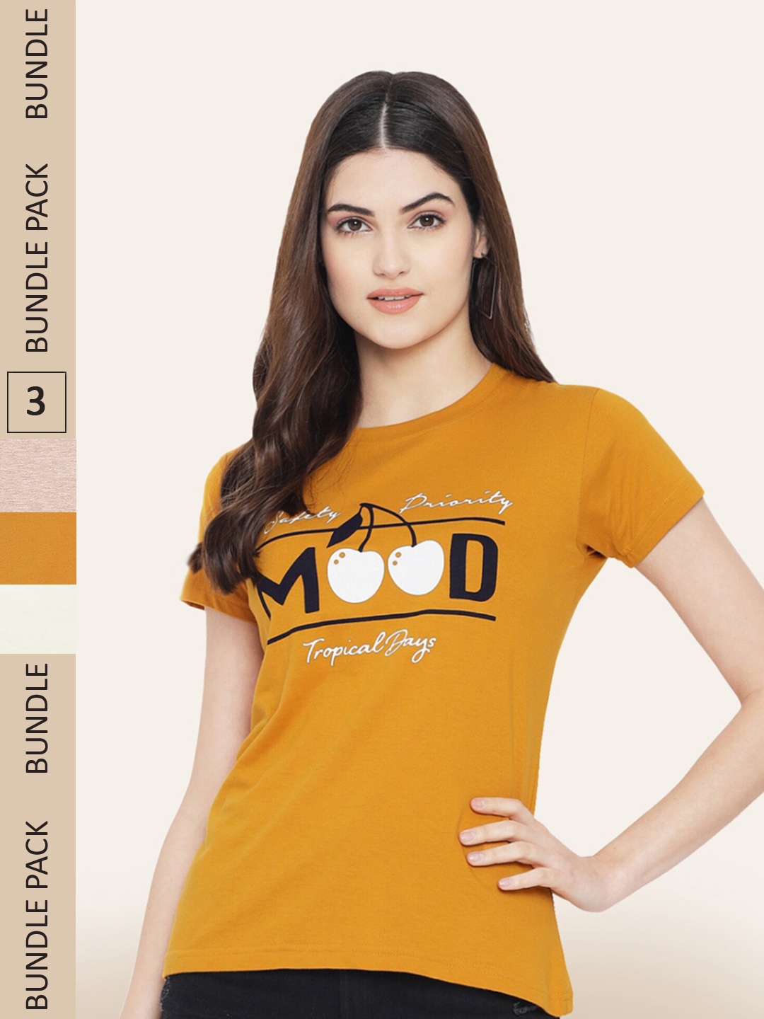 

BAESD Women Pack Of 3 Printed Cotton T-shirt, Mustard