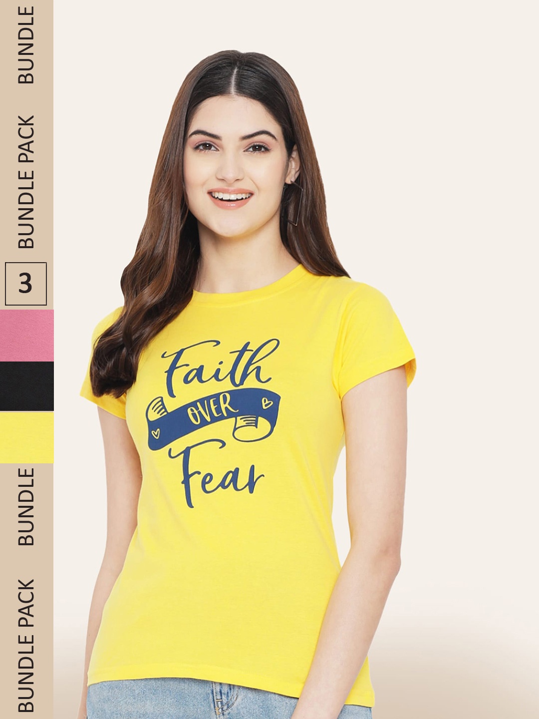

BAESD Women Pack Of 3 Typography Printed Cotton T-shirt, Yellow