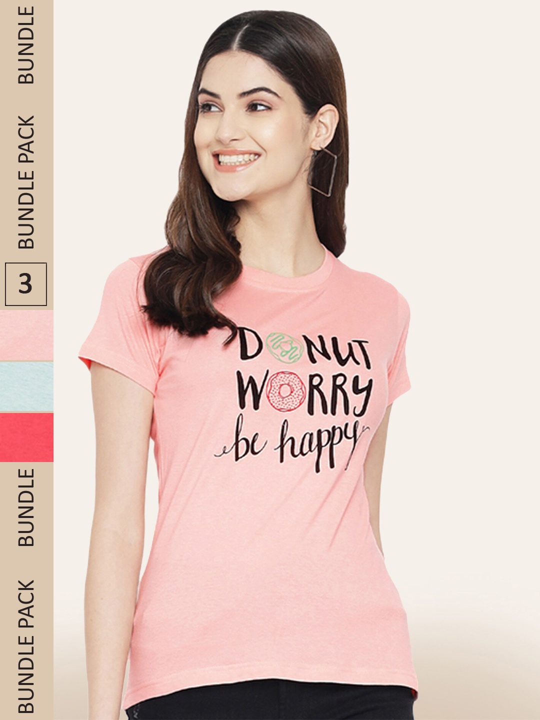 

BAESD Pack Of 3 Typography Printed Cotton T-Shirt, Peach