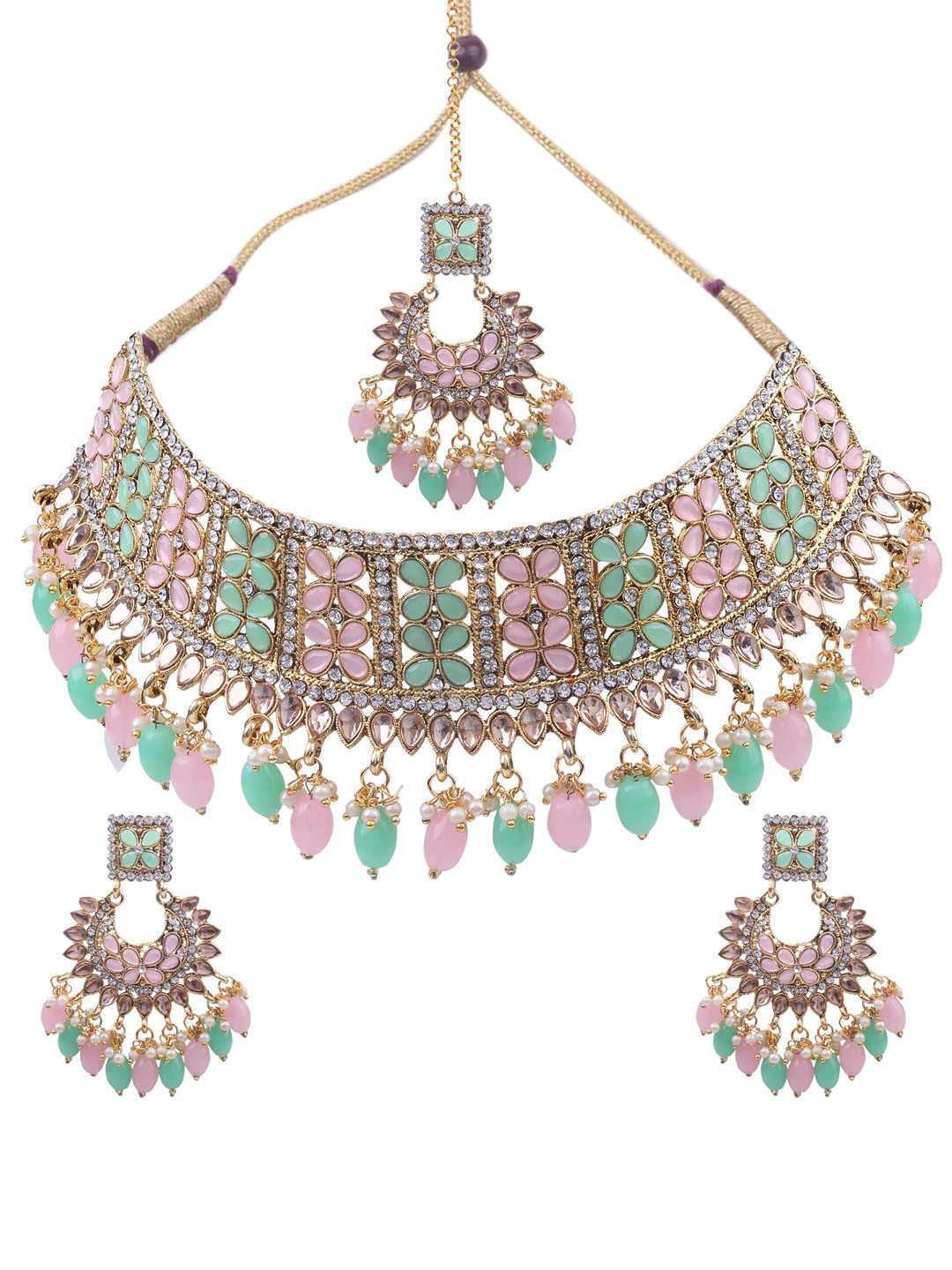 

AASHISH IMITATION Gold-Plated Stone-Studded & Beaded Jewellery Set Wih Maangtika