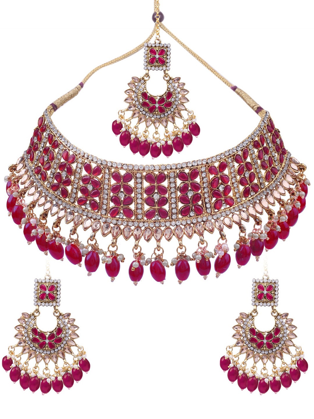 

AASHISH IMITATION Gold-Plated Stone-Studded Necklace With Earrnings & Maang Tikka Set