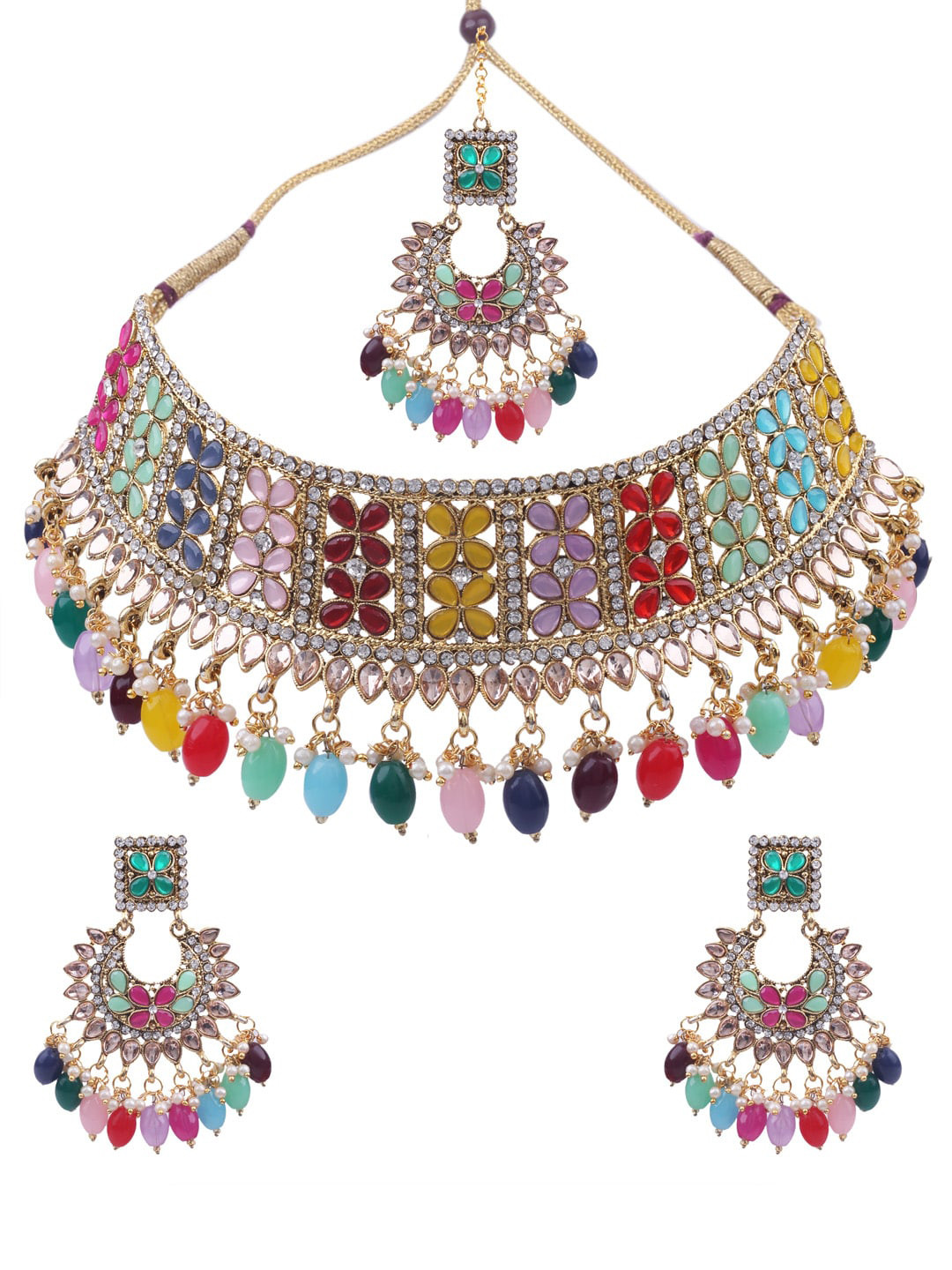 

AASHISH IMITATION Gold Plated Necklace With Earrnings & Maang Tikka Set, Multi