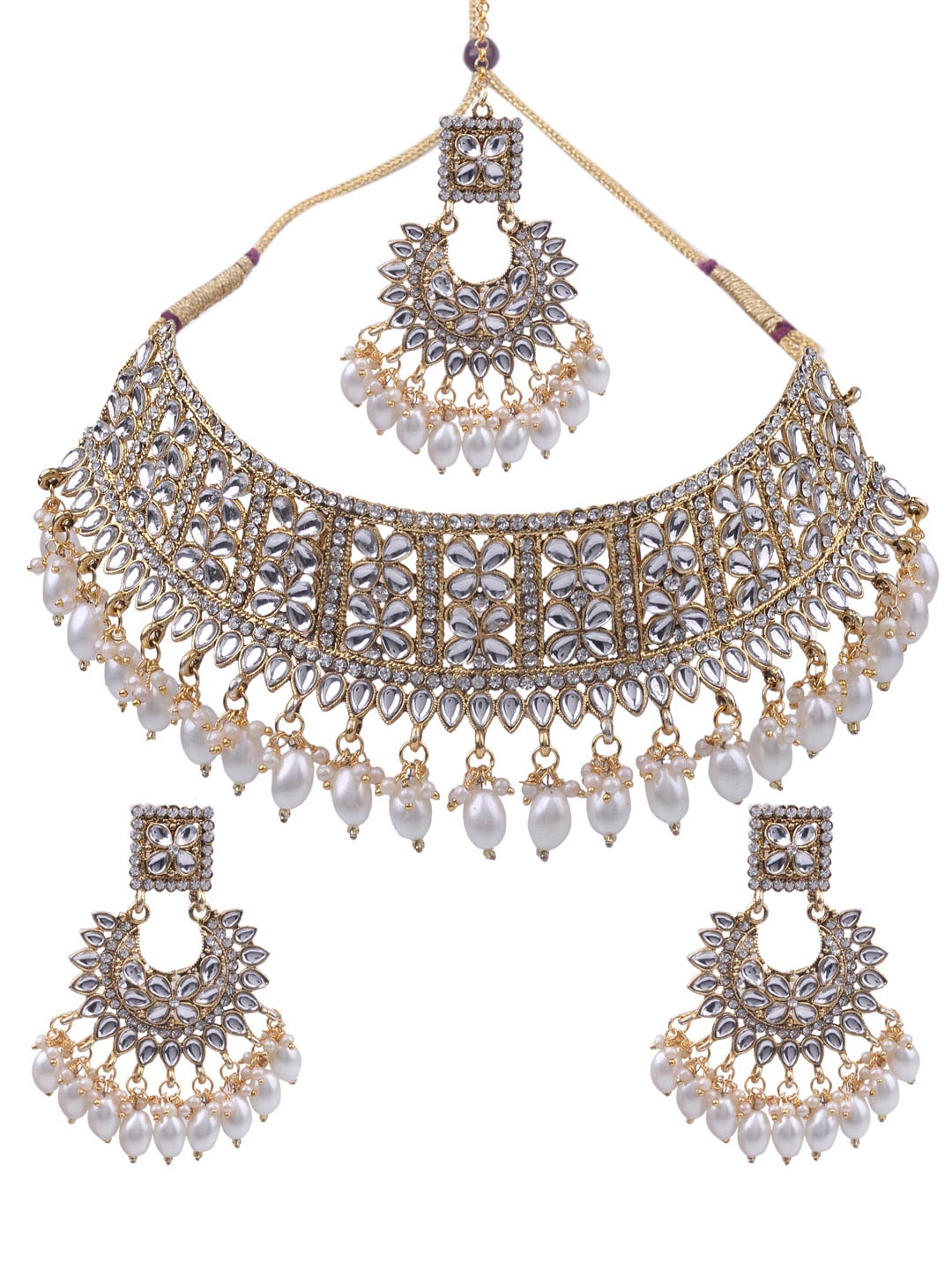 

AASHISH IMITATION Gold-Plated Kundan-Studded & Beaded Necklace & Earrings With Maang Tika