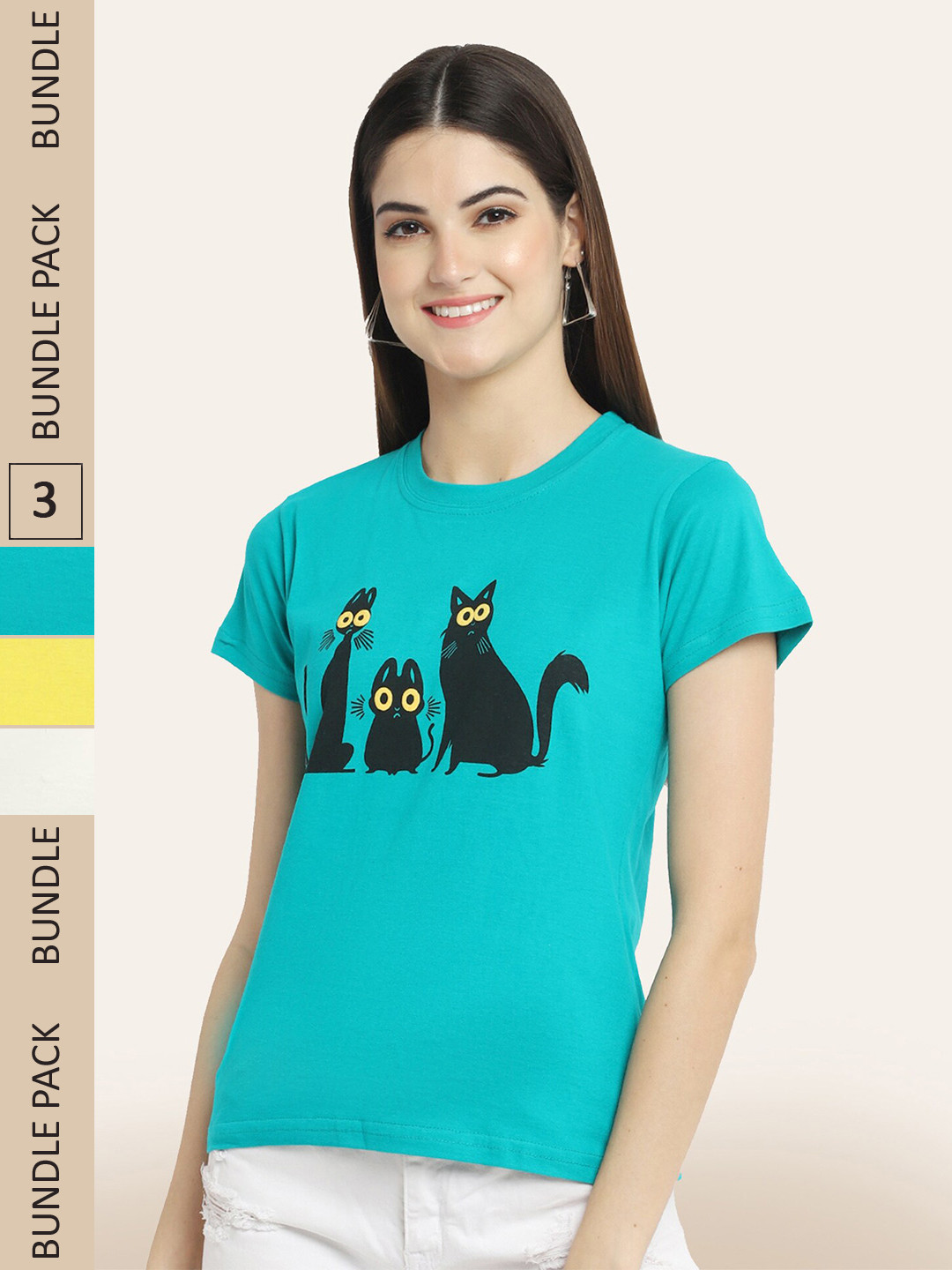 

BAESD Women Pack Of 3 Typography Printed Cotton T-shirt, Teal