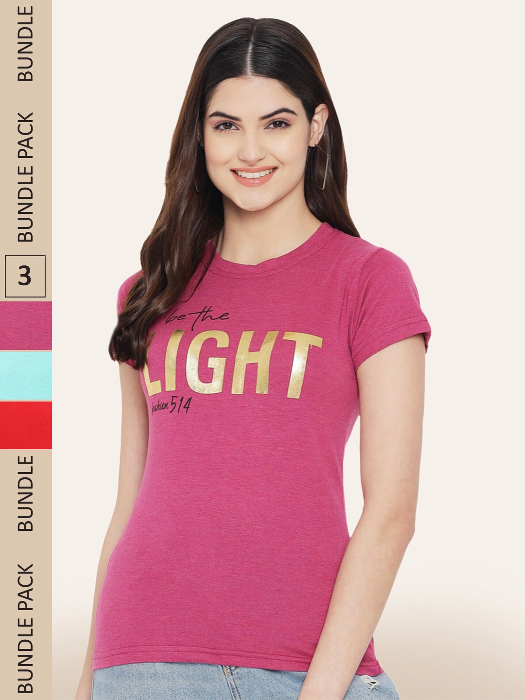 

BAESD Pack Of 3 Typography Printed Cotton T-shirt, Pink