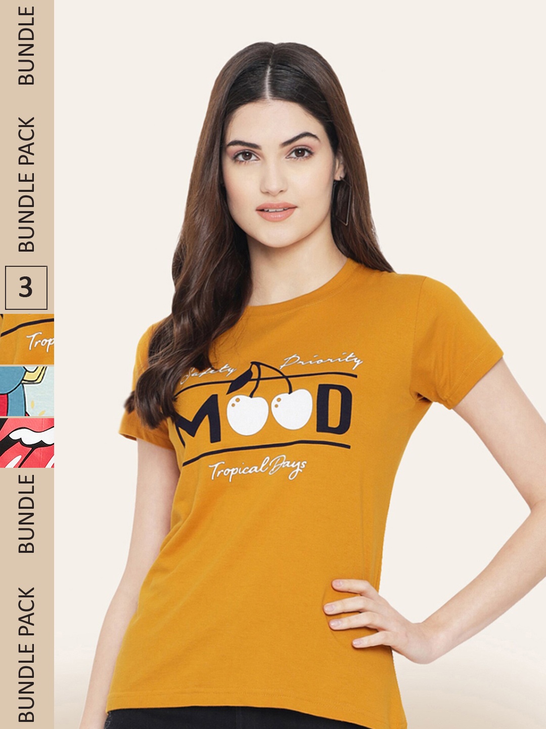 

BAESD Women Pack Of 3 Printed Cotton T-shirt, Mustard