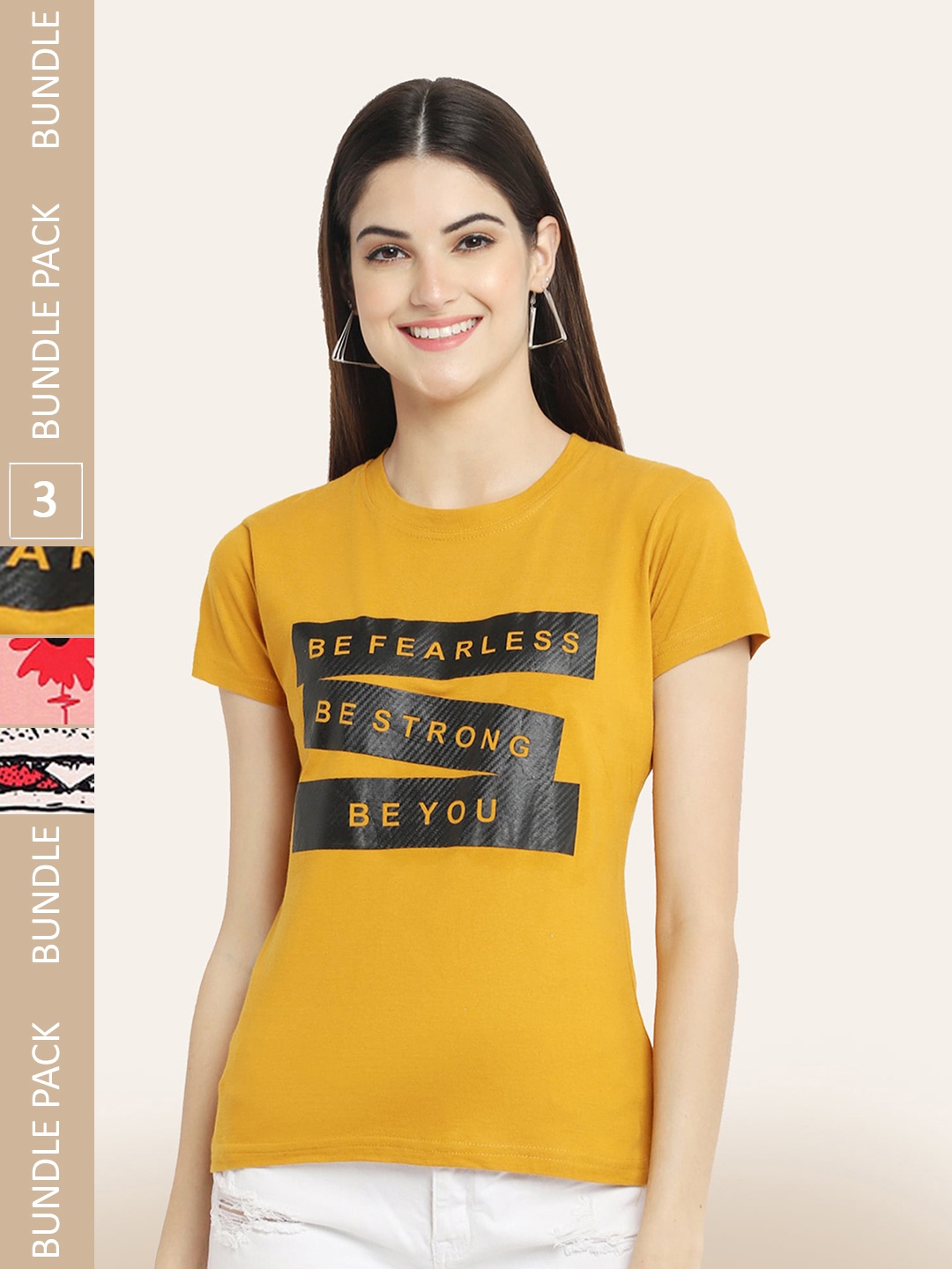 

BAESD Pack Of 3 Printed Round Neck Cotton T-Shirts, Yellow