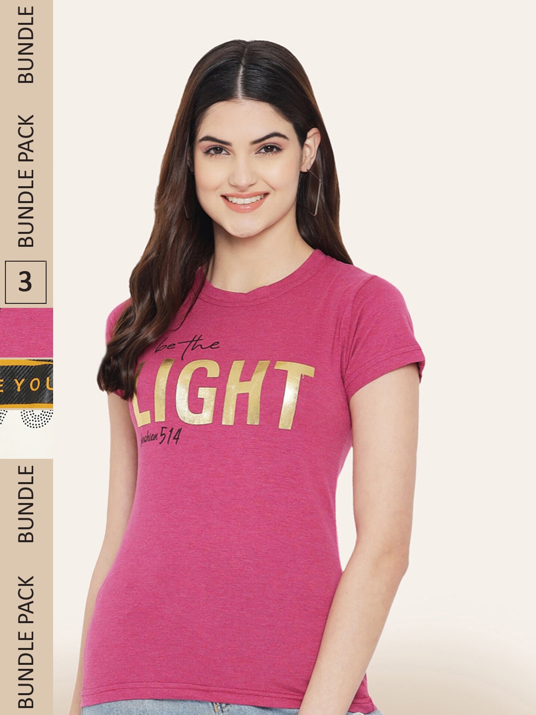 

BAESD Pack of 3 Typography Printed T-Shirts, Pink