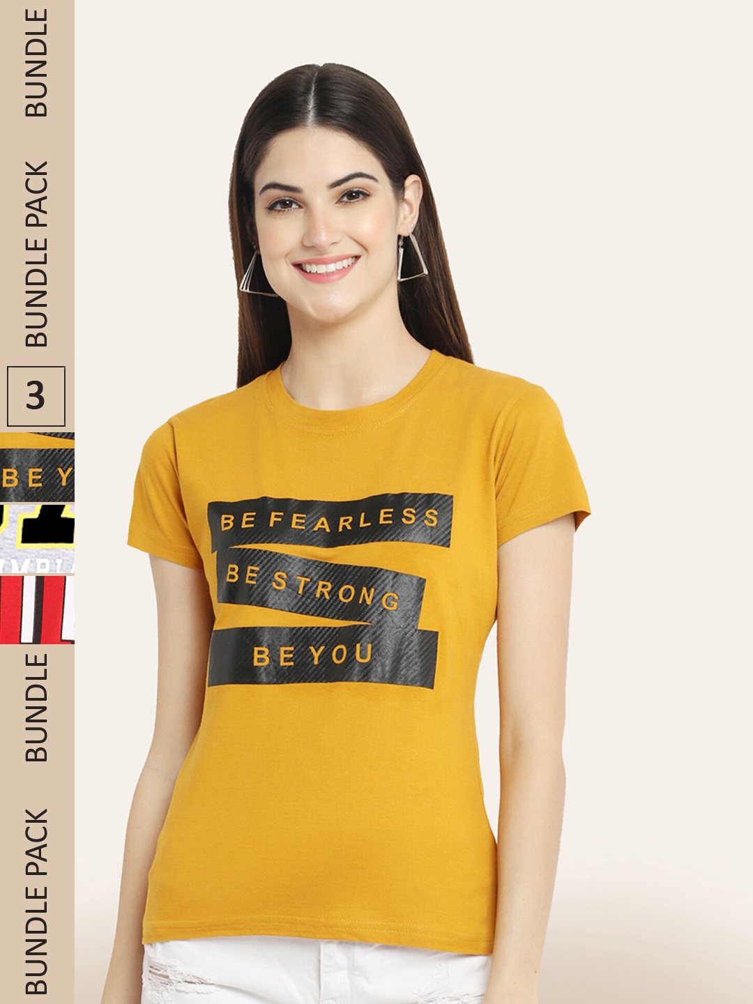 

BAESD Women Pack Of 3 Typography Printed Cotton T-shirt, Yellow