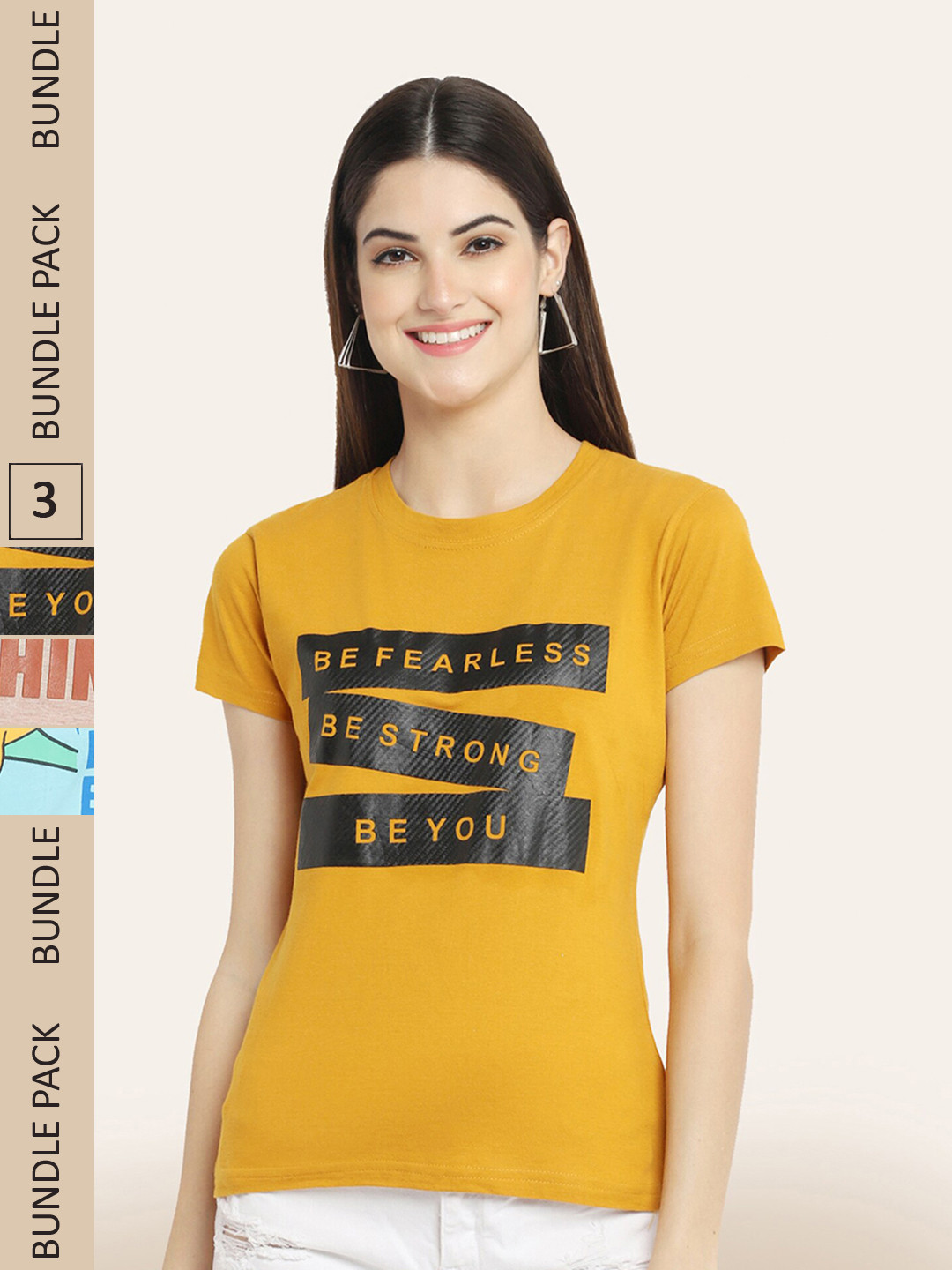 

BAESD Women Pack of 3 Printed Cotton T-shirts, Mustard