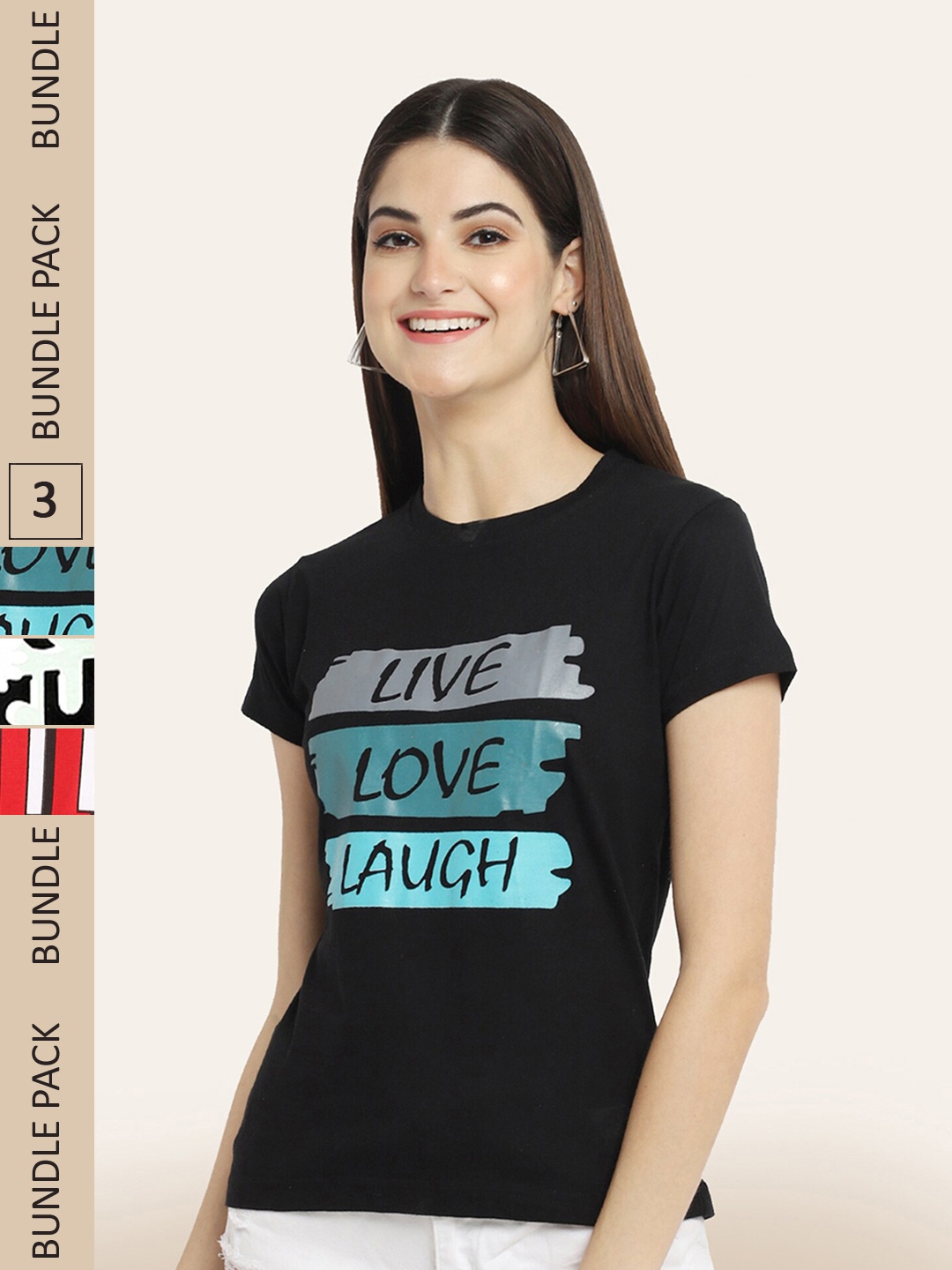 

BAESD Women Pack Of 3 Printed Cotton T-shirt, Black