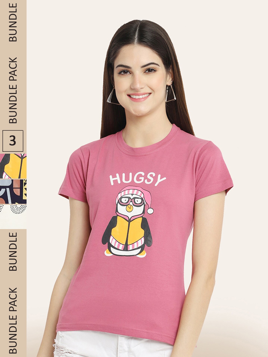 

BAESD Pack Of 3 Round Neck Printed Cotton T-shirt, Pink