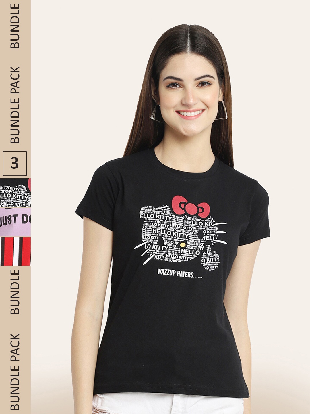 BAESD Pack Of 3 Hello Kitty Printed Cotton T-shirt, Black
