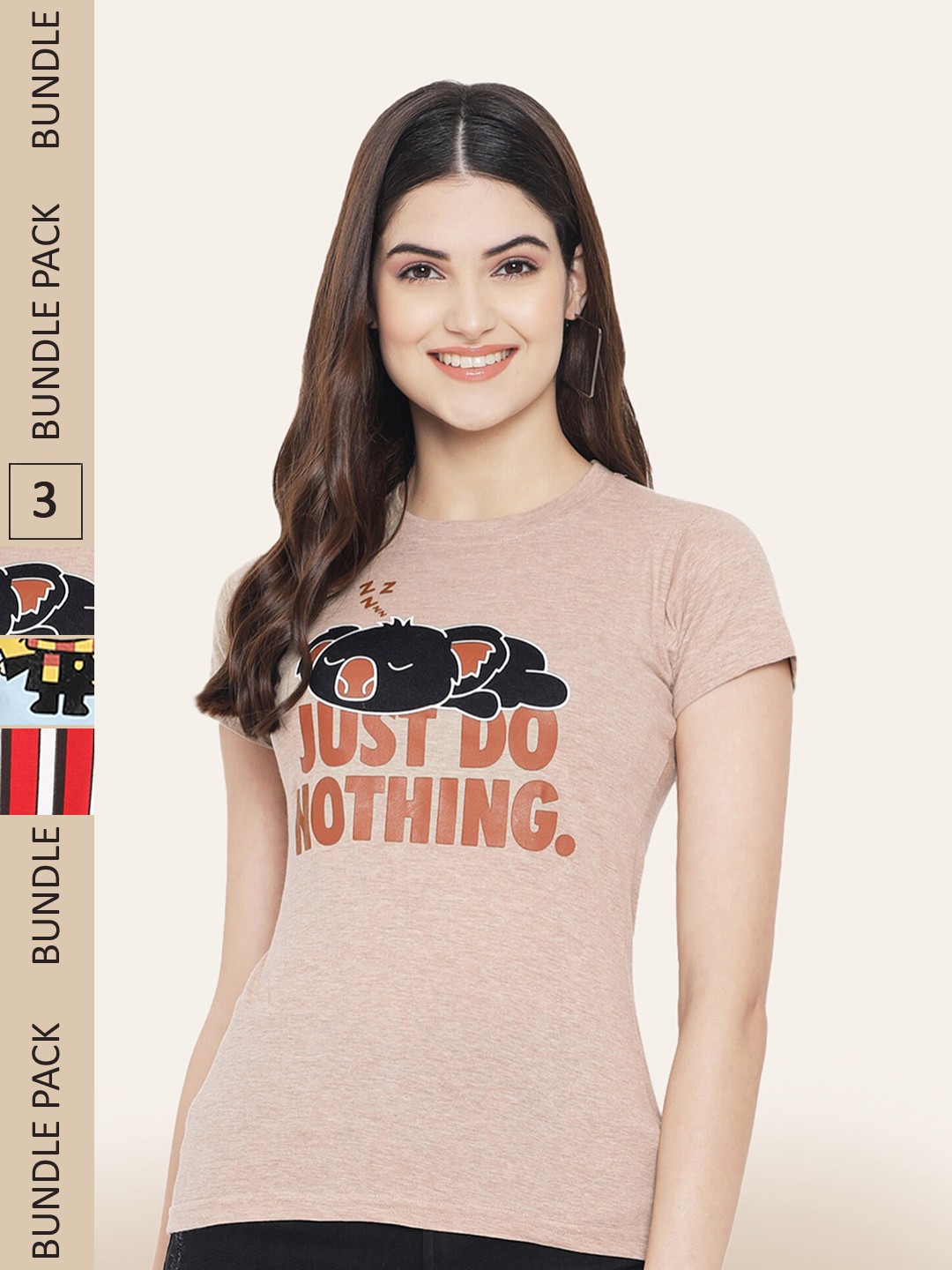 

BAESD Women Pack Of 3 Typography Printed Cotton T-shirt, Beige