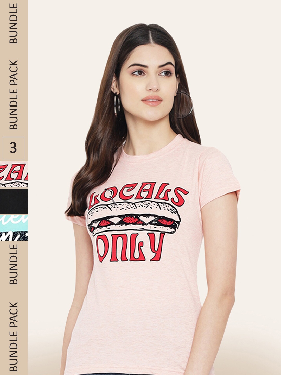

BAESD Women Pack Of 3 Typography Printed Cotton T-shirt, Peach
