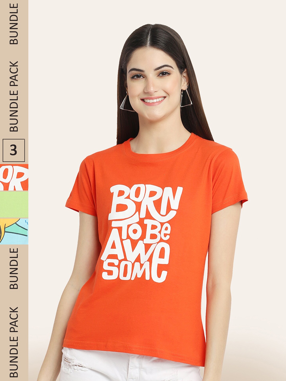 BAESD Pack Of 3 Typography Printed Cotton T-shirt, Orange