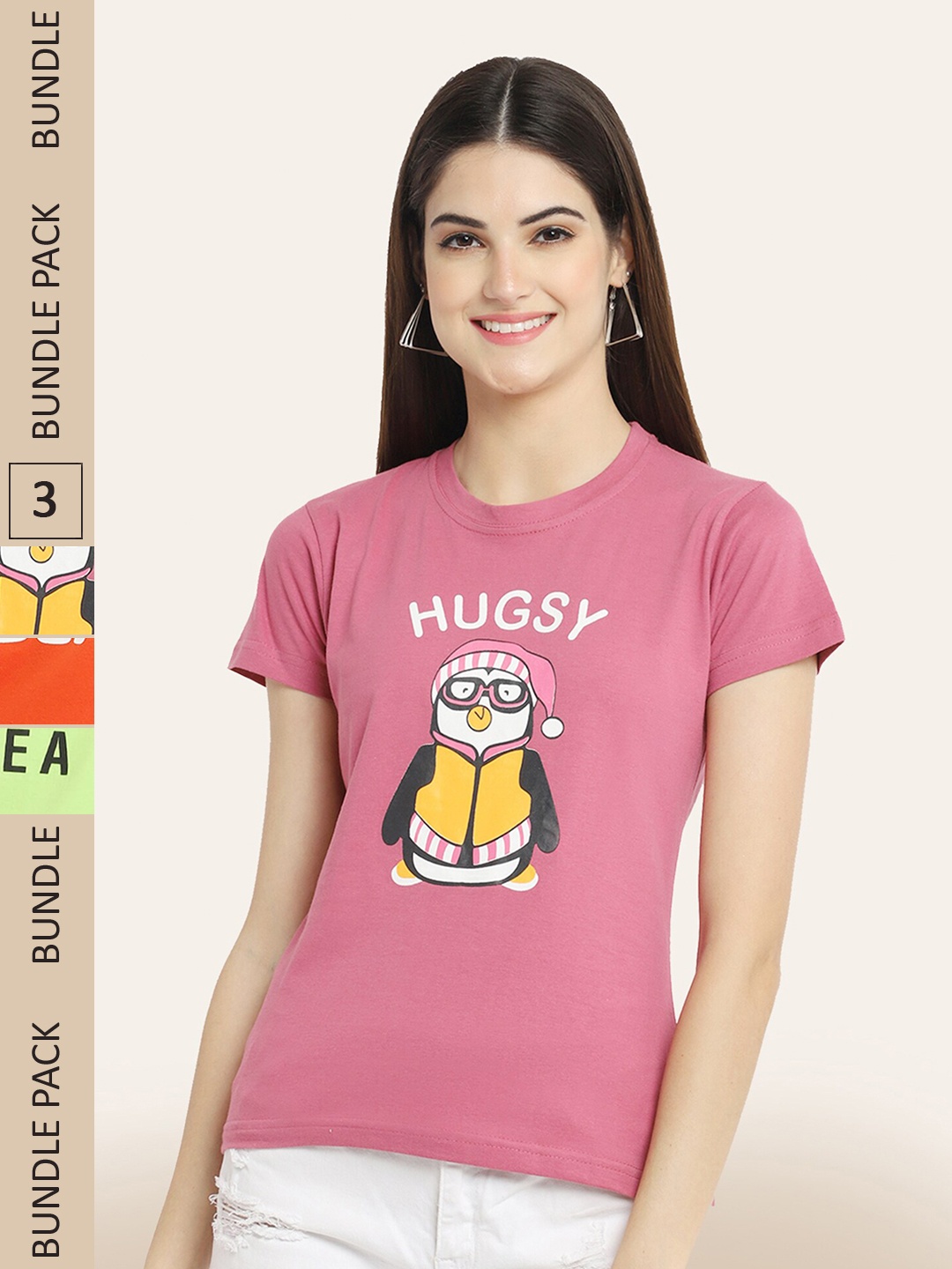 

BAESD Pack Of 3 Printed Typography Printed Cotton T-shirt, Pink