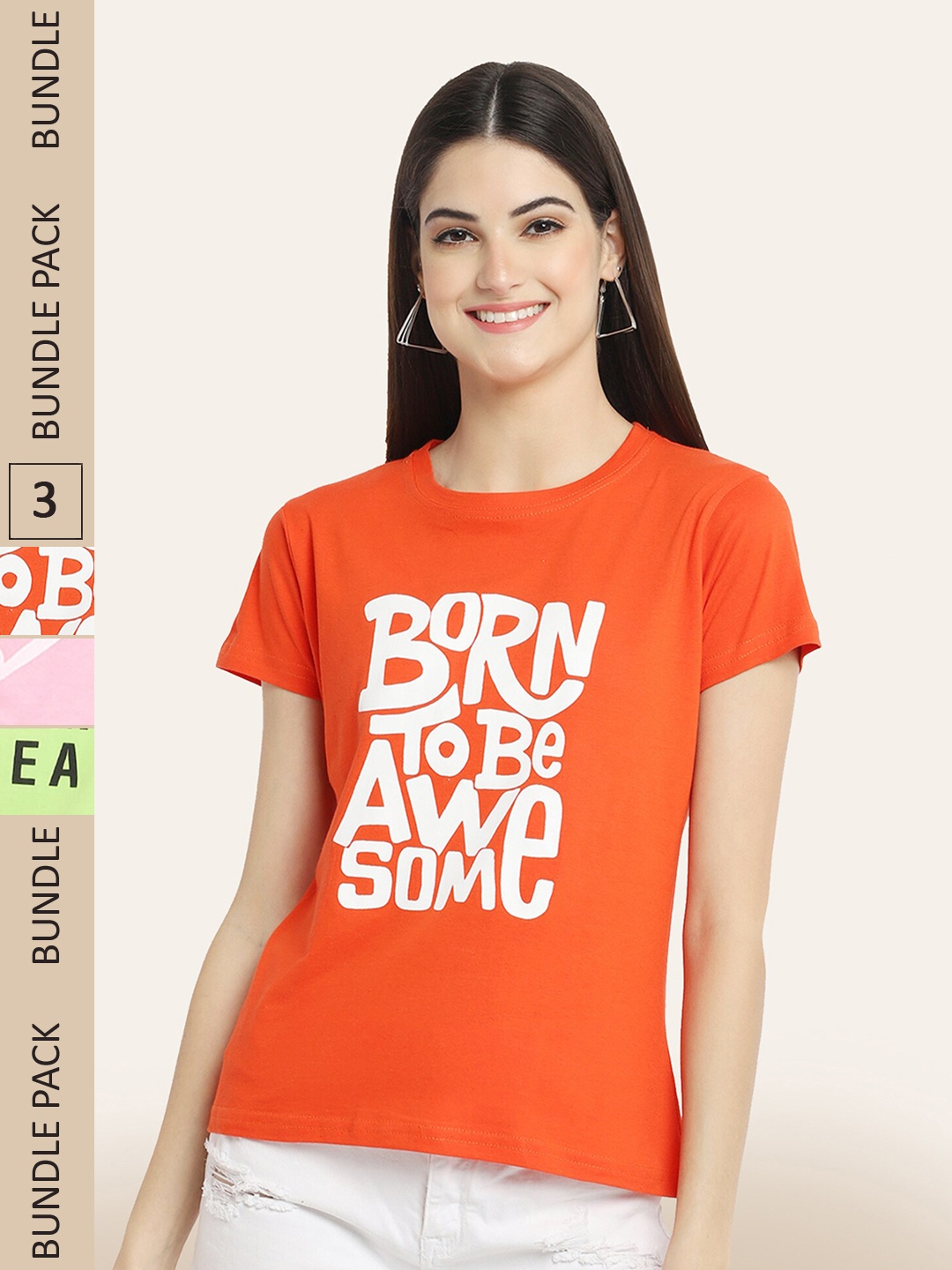 

BAESD Women Pack of 3 Printed Cotton T-shirts, Orange