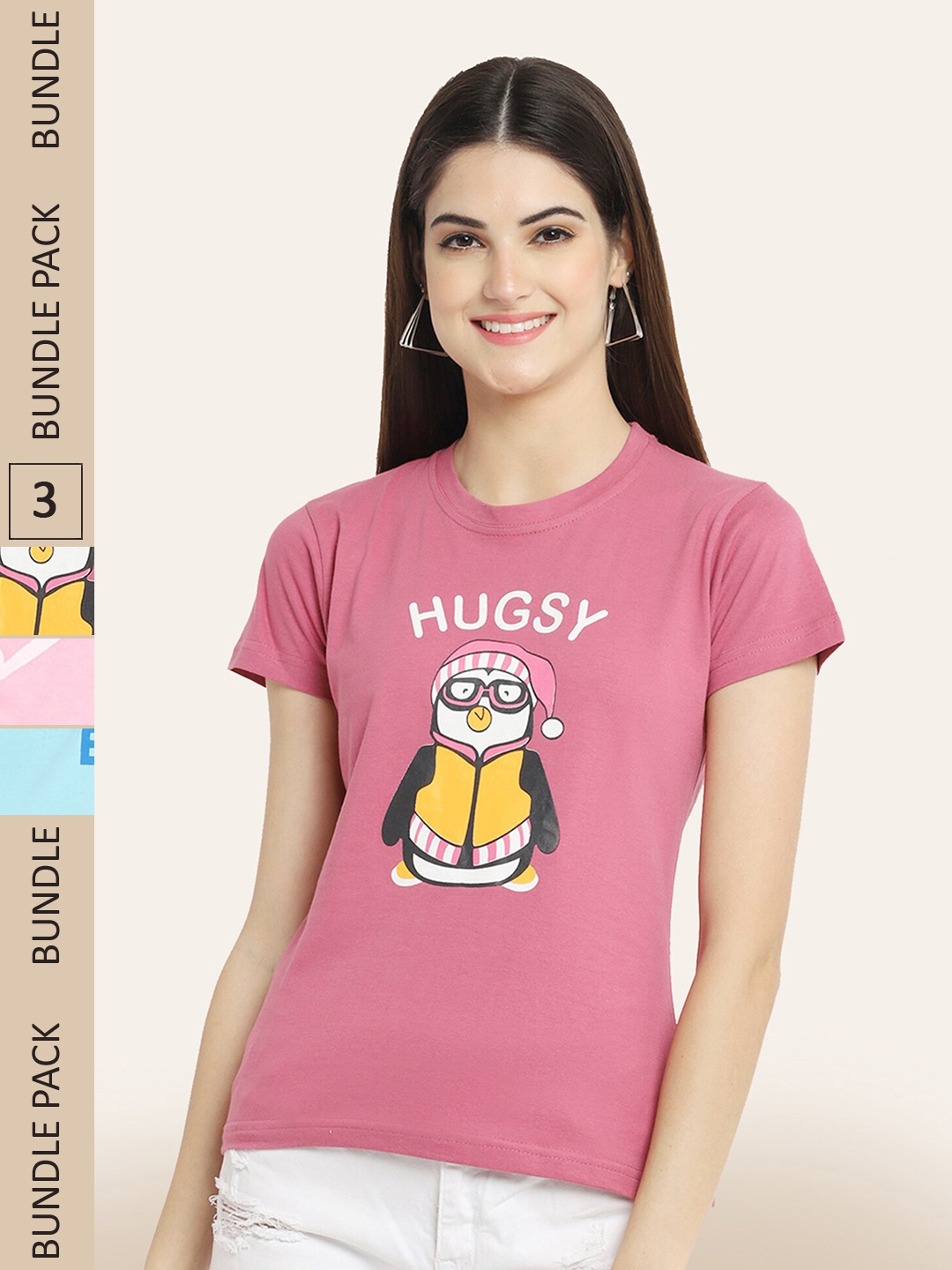 BAESD Women Pack of 3 Printed Cotton T-shirts, Pink