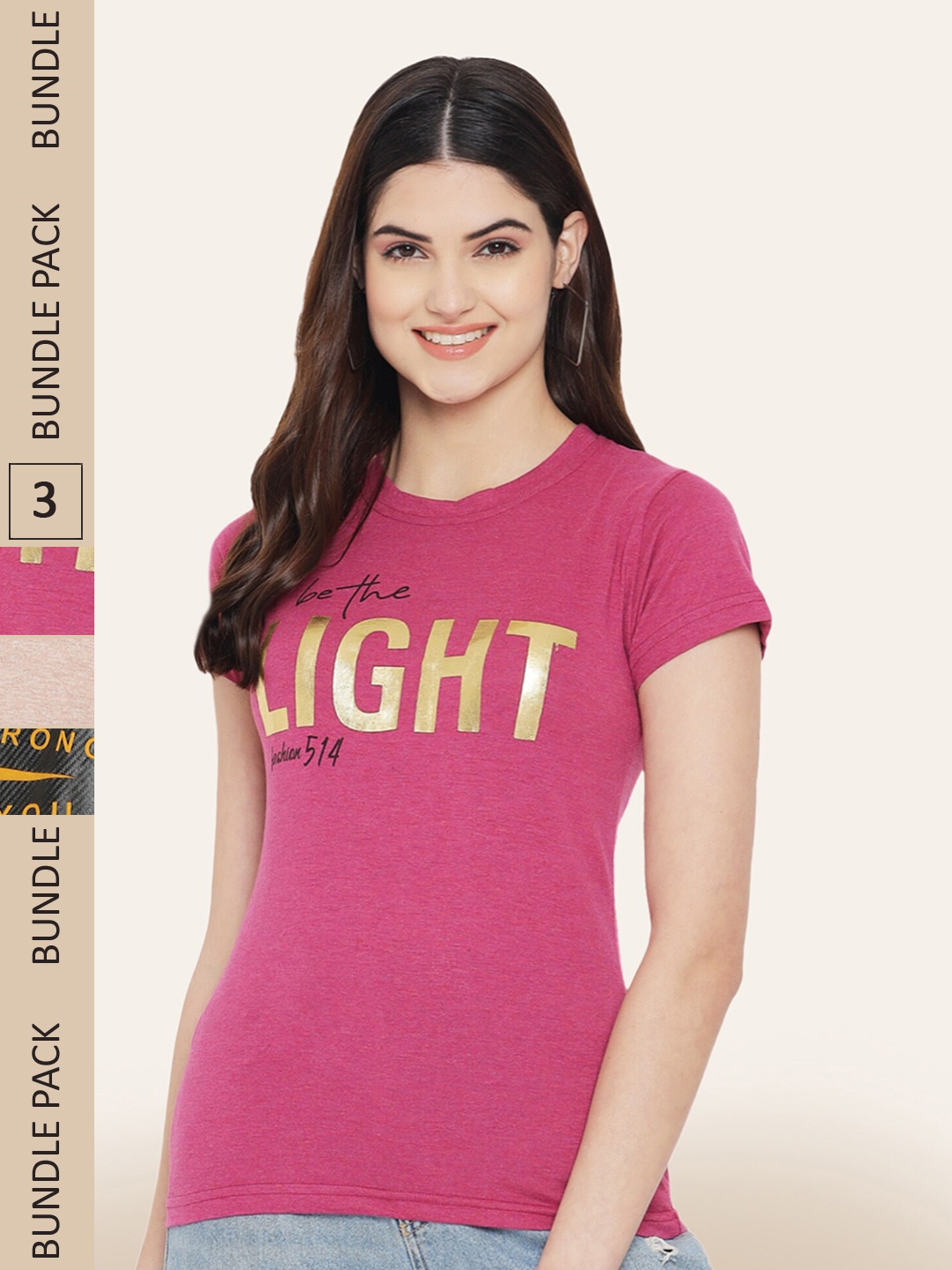 

BAESD Pack Of 3 Printed Cotton T-shirts, Pink
