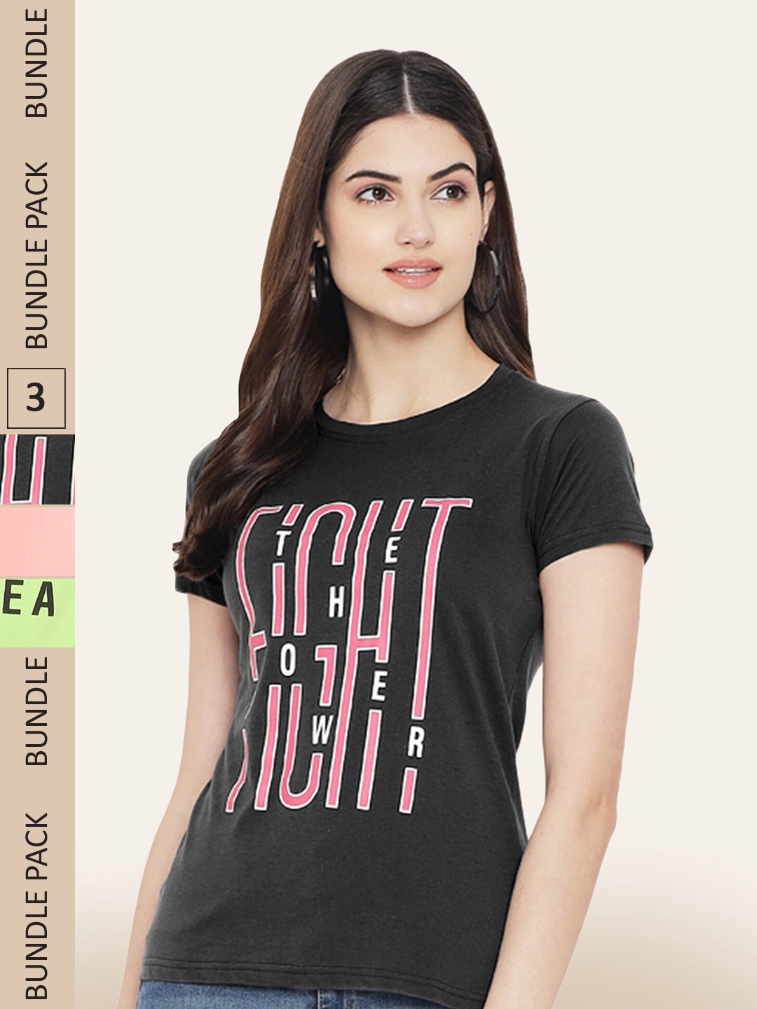 

BAESD Women Pack Of 3 Printed Cotton T-shirt, Black