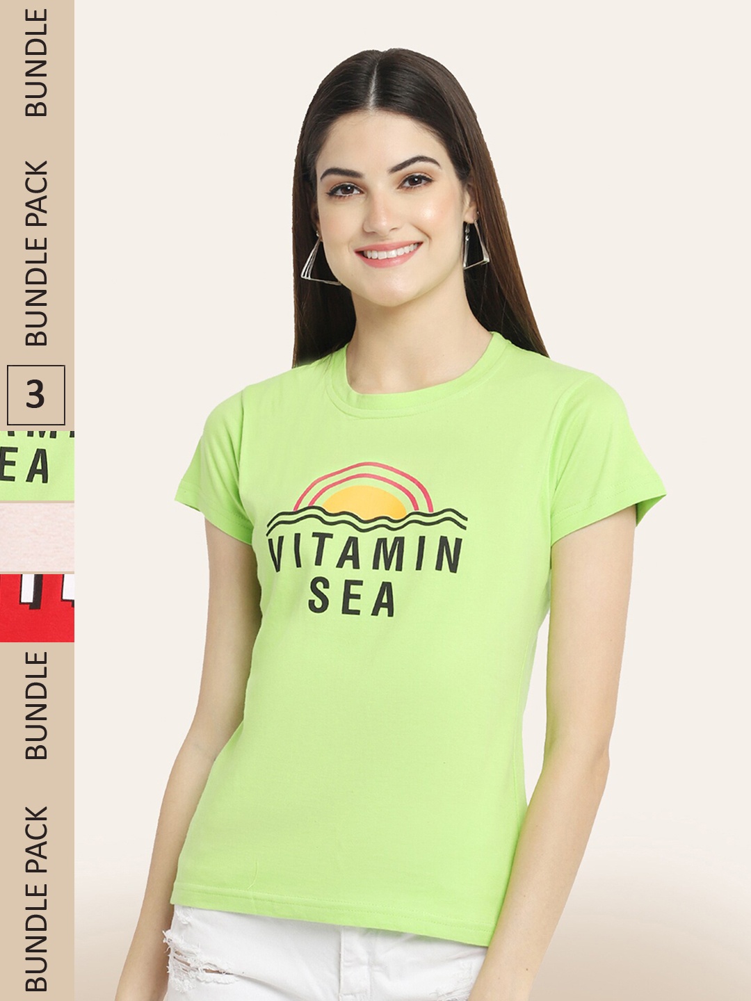 

BAESD Women Pack Of 3 Typography Printed Cotton T-shirt, Green