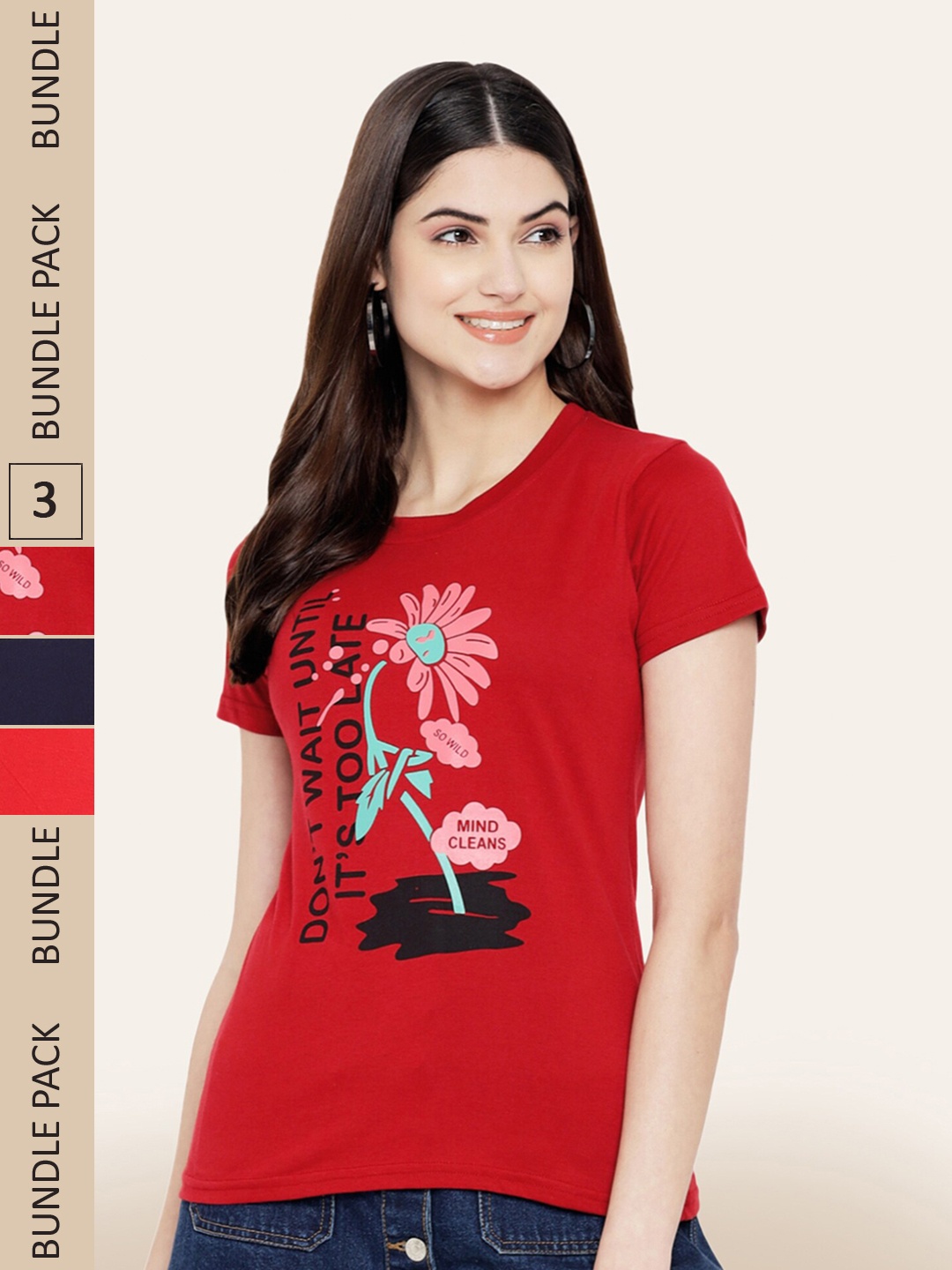 

BAESD Pack Of 3 Typography Printed Casual Cotton T-shirts, Red