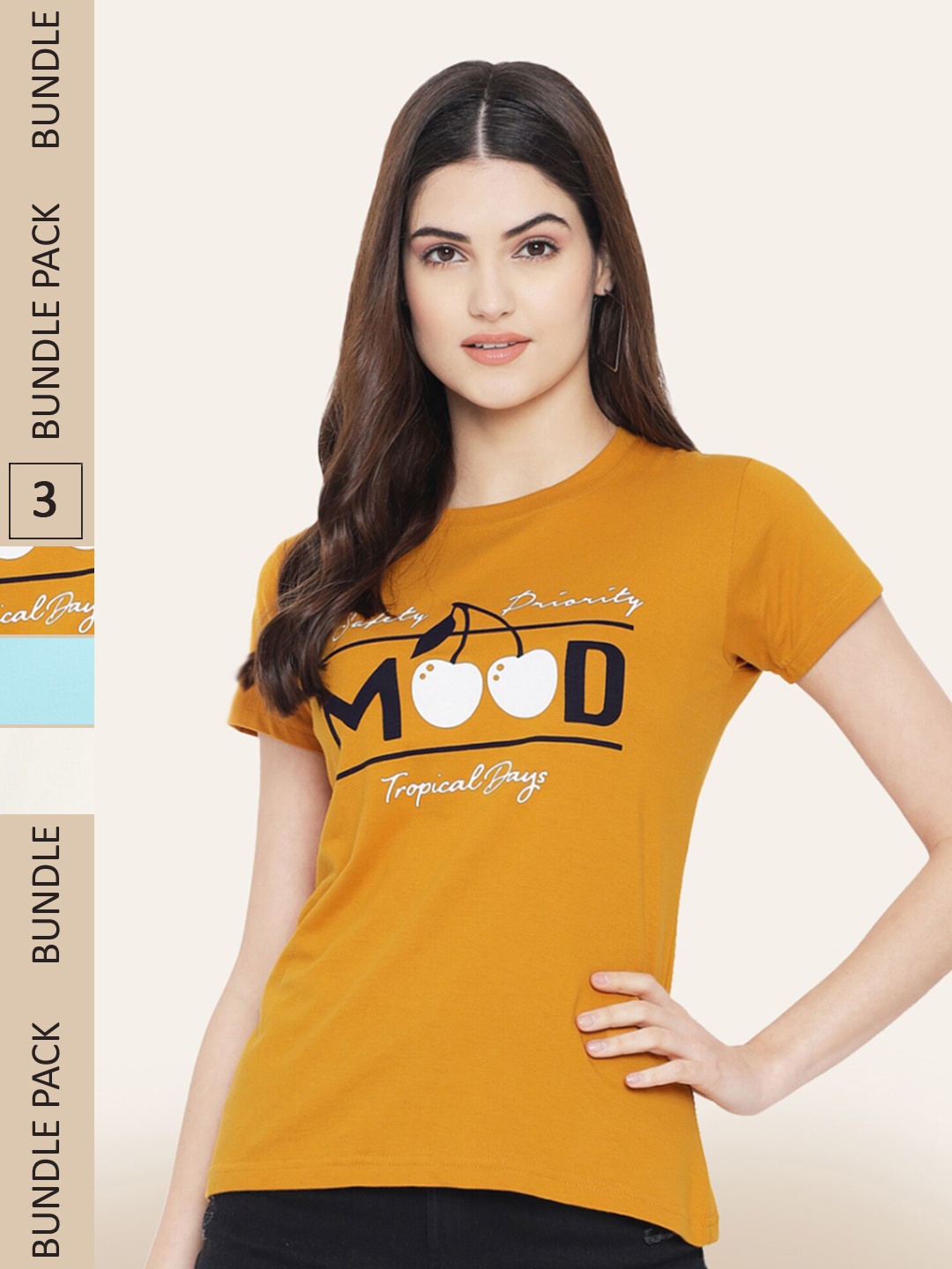 

BAESD Pack of 3 Typography Printed Cotton T-shirts, Mustard