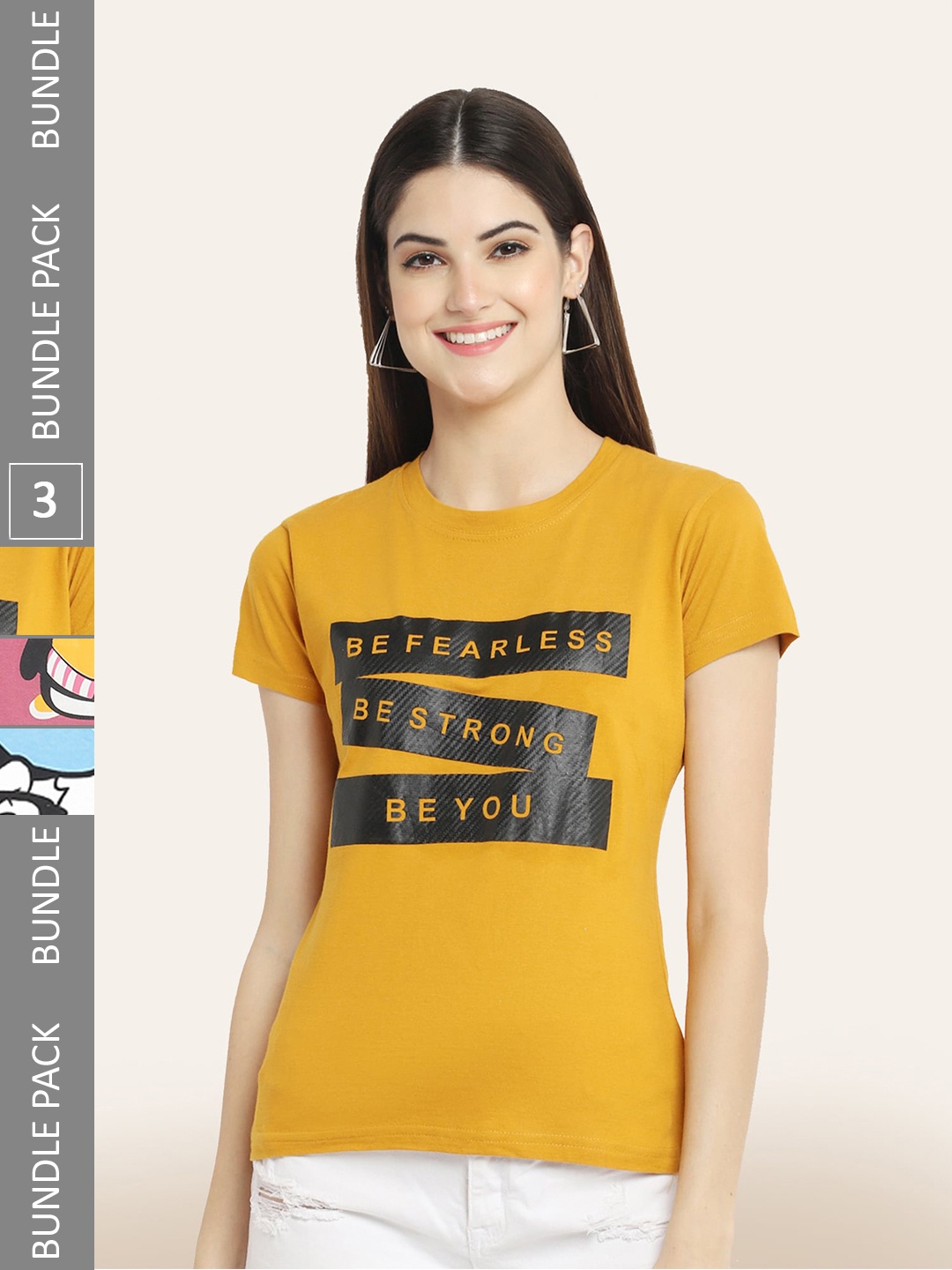 

BAESD Women Pack Of 3 Typography Printed Cotton T-shirt, Yellow
