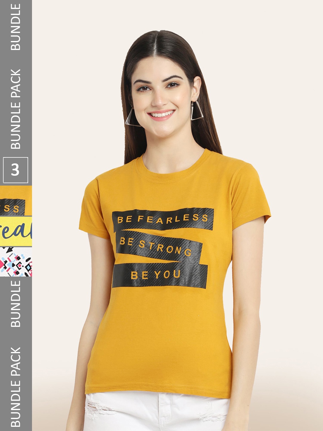 BAESD Pack Of 3 Typography Printed Cotton T-shirt, Mustard