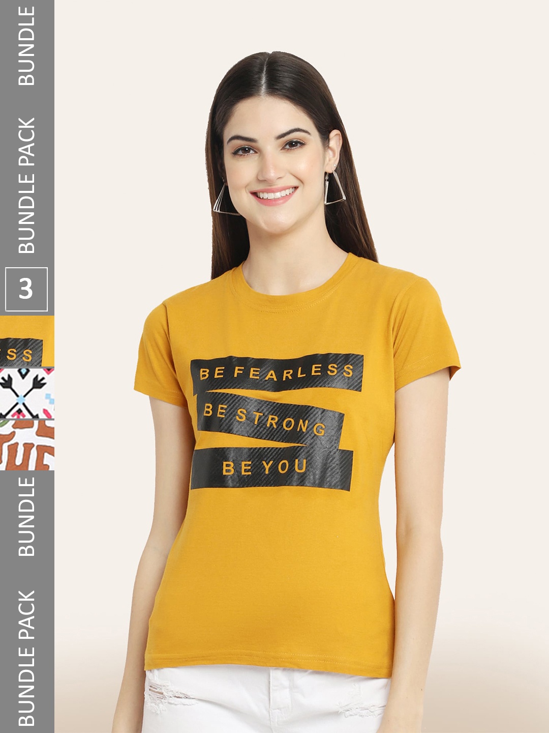 

BAESD Women Pack of 3 Printed Cotton T-shirts, Mustard