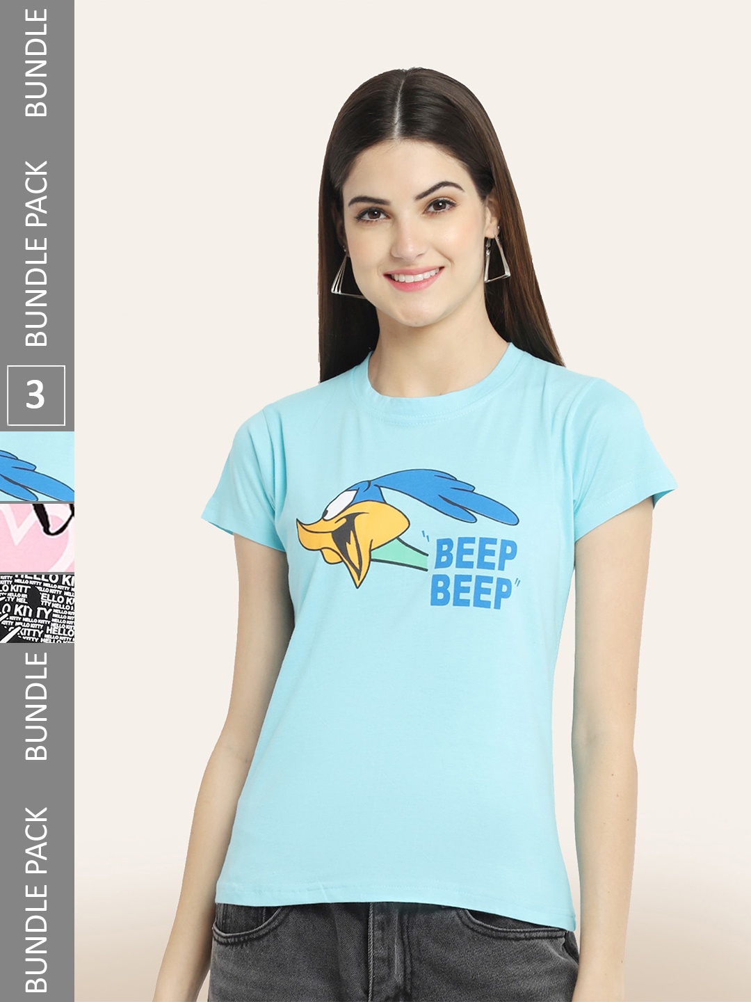 BAESD Pack Of 3 Round Neck Printed Cotton T-shirt, Blue
