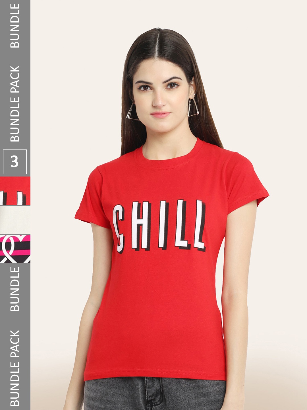 

BAESD Pack Of 3 Round Neck Printed Cotton T-shirt, Red